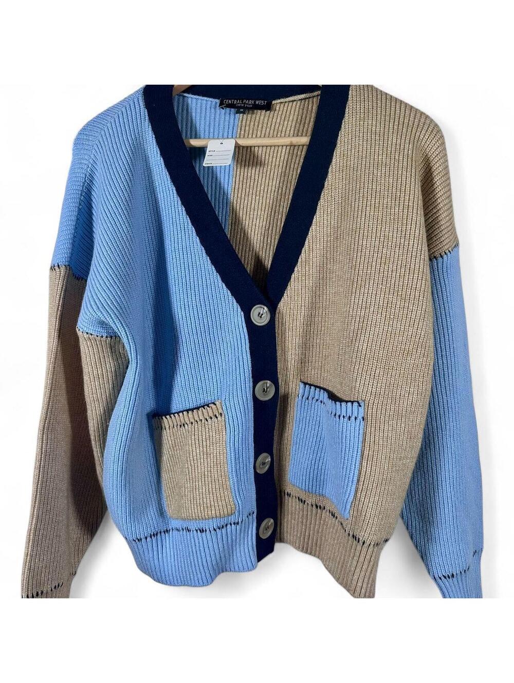 Central Park West NWT Colorblock Cardigan Sweater Size M Blue Tan Navy